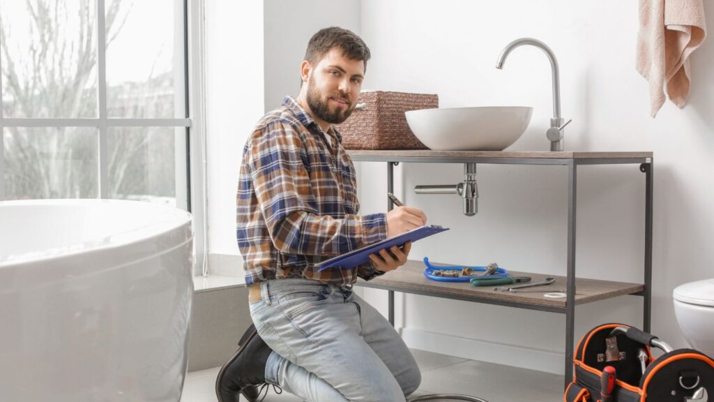 A plumber repairing the sink.